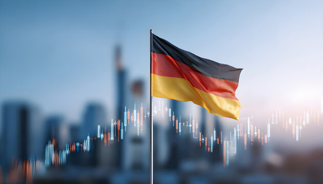 German flag with city skyline and stock market graph, symbolizing economic growth