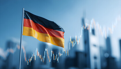 German flag with city skyline and stock market graph, symbolizing economic growth