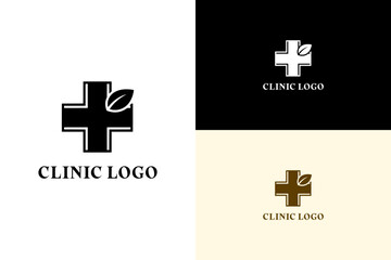 illustration of plus sign with a small leaf, icon, minimal, vector logo for urgent care, hospital, doctor, health service, healthcare, holistic, medical, pharmacy, clinic, and more