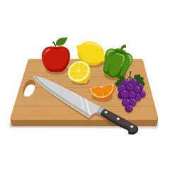Fresh fruits and vegetables on a wooden cutting board with a knife