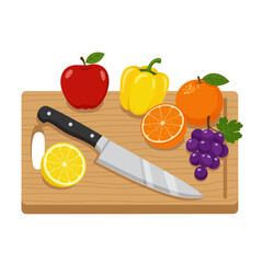 Fresh fruits and vegetables on a cutting board with a knife illustration