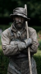 Obraz premium Weathered Gardener with Rake Standing Outdoors