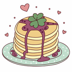 Delightful pancake stack adorned with clover and berry drizzle illustration