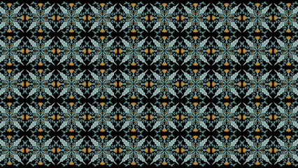 Repeating pattern of stylized leaves and flowers on a dark background creating a floral design