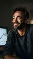 Fototapeta premium A happy investor examines a property value increase graph on his desktop