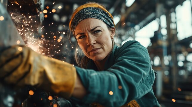 A determined female welder skillfully welds metal, showcasing her expertise while sparks fly around her in a dynamic industrial environment filled with energy and focus. - Powered by Adobe