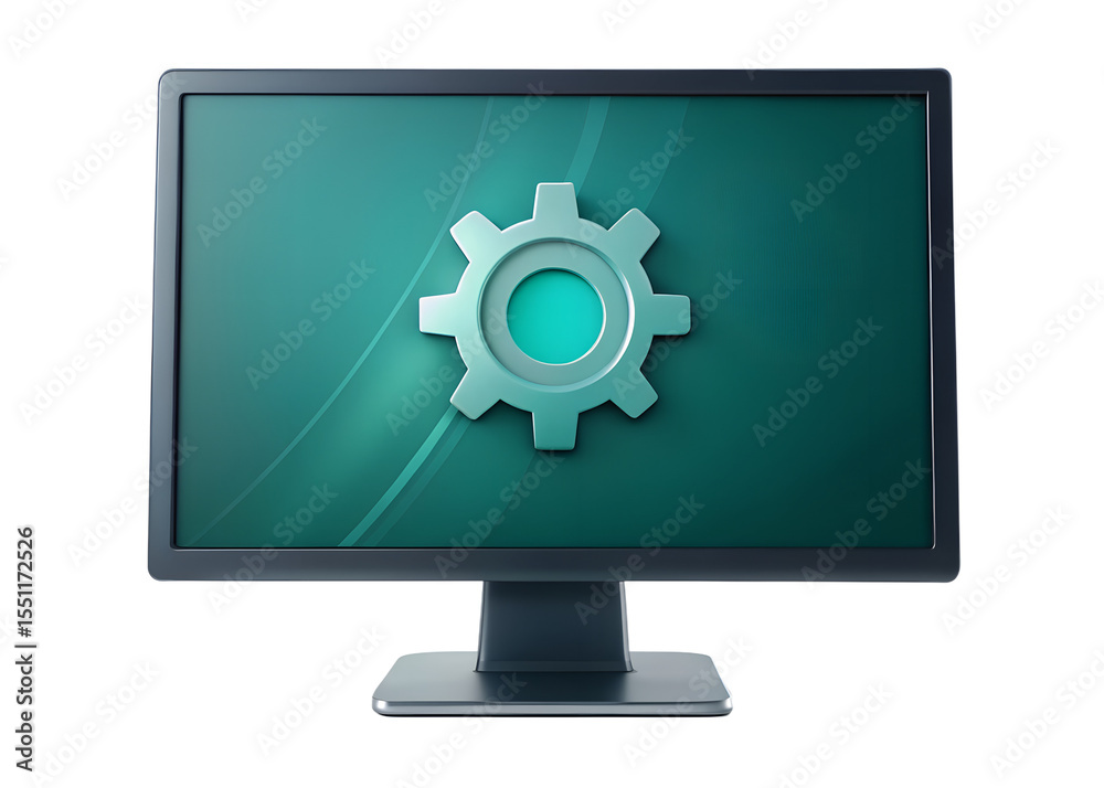 Poster modern computer monitor displaying a gear icon isolated on transparent background