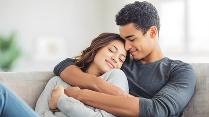 Obraz premium Young couple cuddling on a sofa. Happy young couple hugging and smiling while sitting on cozy couch at home. Warmth, connection and relationship love concept in casual domestic environment.
