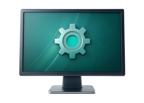 Modern computer monitor displaying a gear icon isolated on transparent background