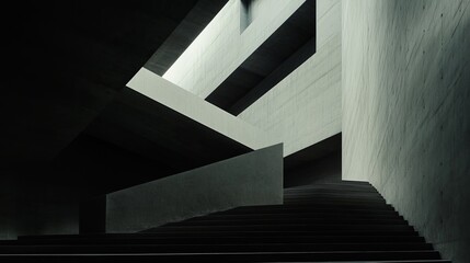 Fototapeta premium A dramatic, minimalist concrete staircase ascends within a stark, geometric interior space, bathed in shadows and highlighted by subtle light sources