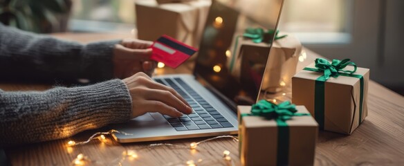 The festive atmosphere of online shopping with holiday gifts and a credit card.