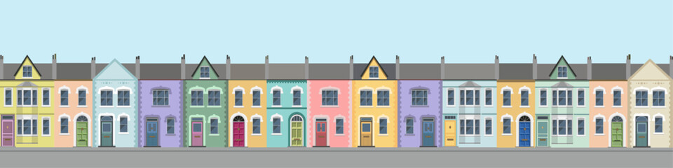Long row of colorful city house facades, brittish style. 