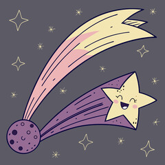 Whimsical celestial duo: Cartoon stars and moon in a playful cosmic dance
