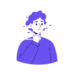 Confused man with hand on chin in thinking pose and glitch effect