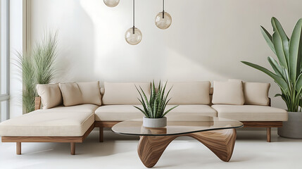 Living room with sectional sofa, glass coffee table, and indoor plants decor