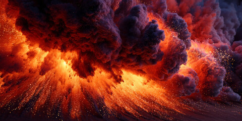 Powerful explosion effect at nighttime, vivid flames illuminating darkness