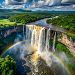 aerial view of kaieteur falls with a rainbow in th