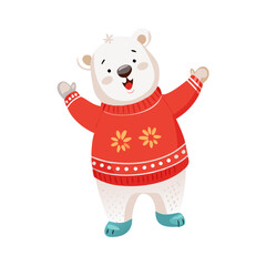 Happy polar bear in a red sweater. Winter clipart vector illustration on white background.