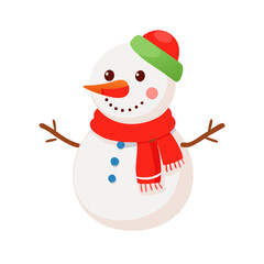 Adorable snowman with a red scarf and carrot nose. Winter clipart vector illustration on white background. 
