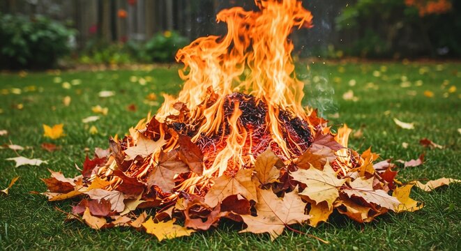 fire in the garden, Pile burning autumn leaves backyard. Smoke curls upwards into sky. Flames and fire with orange, red, yellow colors. Fall season in nature, seasonal scenery, outdoor, green grass an - Powered by Adobe