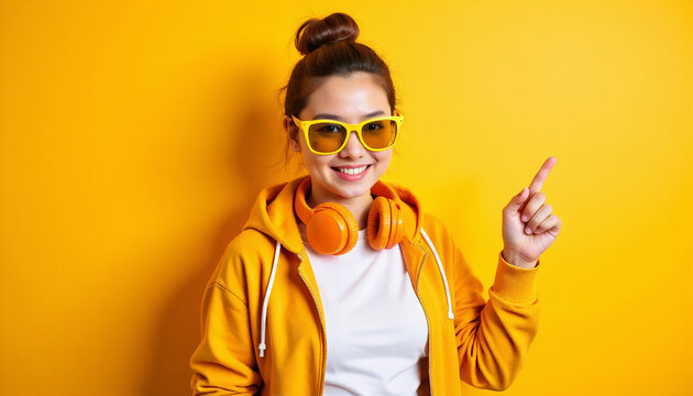 Happy young woman wearing yellow sunglasses and orange headphones points against vibrant yellow background