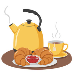 Breakfast illustration with croissants jam tea and a yellow kettle