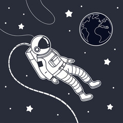 Line art of an astronaut floating amidst stars near Earth illustration