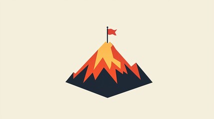 Red flag planted on top of the mountain. A mountain peak with a flag at very top symbolizing breaking down barriers and achieving goals