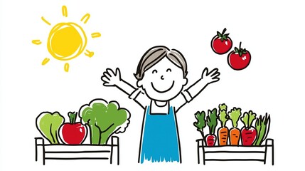 Grocery worker in apron. Simple clip art of a happy person with arms raised, standing in front of an open vegetable garden and lots of vegetables on the ground