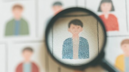 Human Resources. Closeup of a magnifying glass focusing on the profile pictures from several portraits of young men and women. Staff. Selection process or the choosing of a person to work