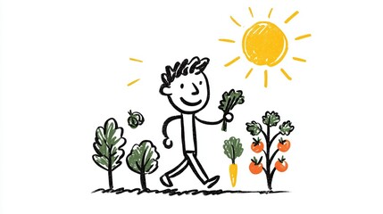 Vegetable garden enjoyer. A stick figure person is walking happily while carrying vegetables in their hands, with sunshine behind them