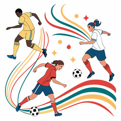 Dynamic illustration depicting diverse soccer players in motion with vibrant design elements