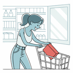 Modern supermarket scene featuring a woman shopping for groceries with a cart