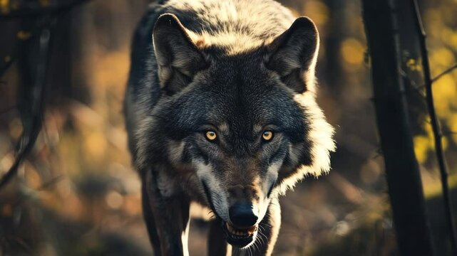 wolf in a forest, showcasing its piercing gaze and predatory stance.