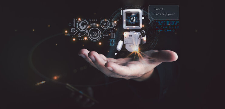 AI chatbot assistance concept. A hand in a suit holds a smartphone, presenting a holographic AI robot offering help via a digital interface with data and binary code. - Powered by Adobe
