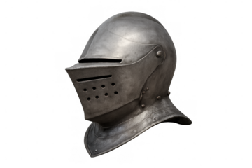 Medieval knight metal helmet displaying protective design details against transparent background