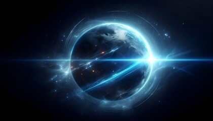 Obraz premium Blue light flare - flash light streak ray - large light flare behind the planet