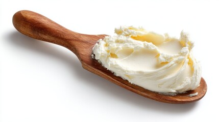 A 4K photo of creamy butter spread on a wooden handled knife perfect for baking or bread white background.