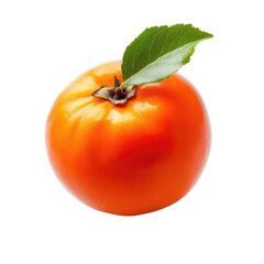 One ripe orange persimmon with a green leaf and stem isolated on transparent background