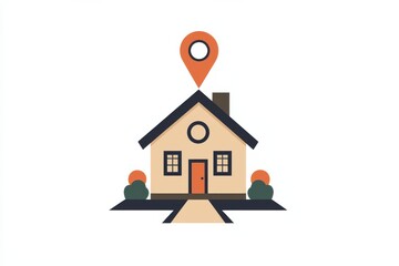 A modern, flat design illustration of a house with a location pin on top, symbolizing real estate, home search, and property location services