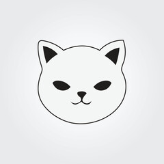 A minimalist black outline illustration of a cat's head, featuring stylized eyes, nose, and ears, set against a neutral grey background. Represents pets, animals, or modern simplicity.