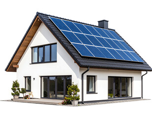  “Modern House with Tilted Solar Roof Panels, Front Angle View, PNG Isolated”.