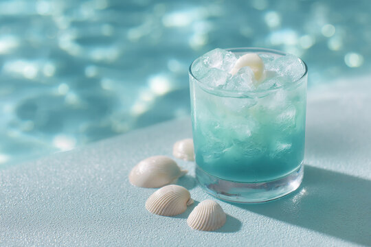 refreshing cocktail named sea joy placed beside crystalclear pool adorned with seashells