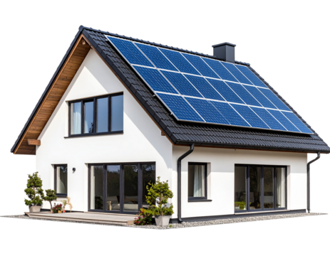  “Modern House with Tilted Solar Roof Panels, Front Angle View, PNG Isolated”.