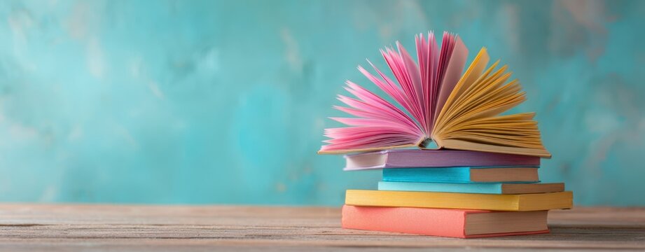 The colorful open book atop a vibrant stack of books on a wooden surface.