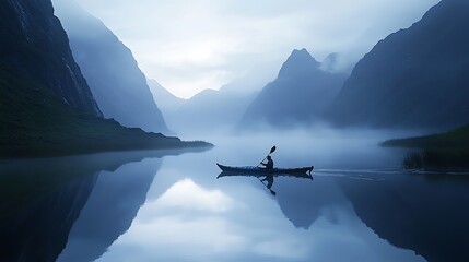 Kayaker paddling on a misty lake with mountains