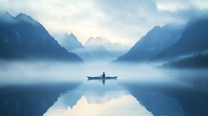 A kayaker on a misty lake surrounded by mountains