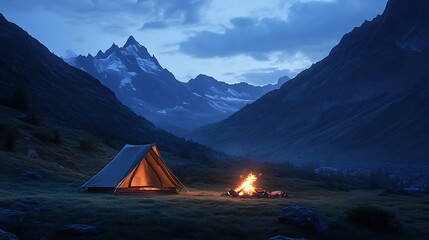 A tent and campfire under mountains at twilight