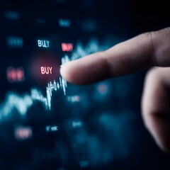 Finger touching a trading interface with buy and sell indicators