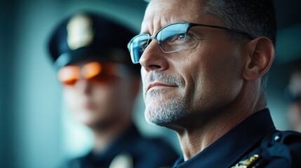 A serious police officer in uniform with glasses stands confidently, conveying authority and vigilance, ready to serve and protect, exemplifying dedication and professionalism.